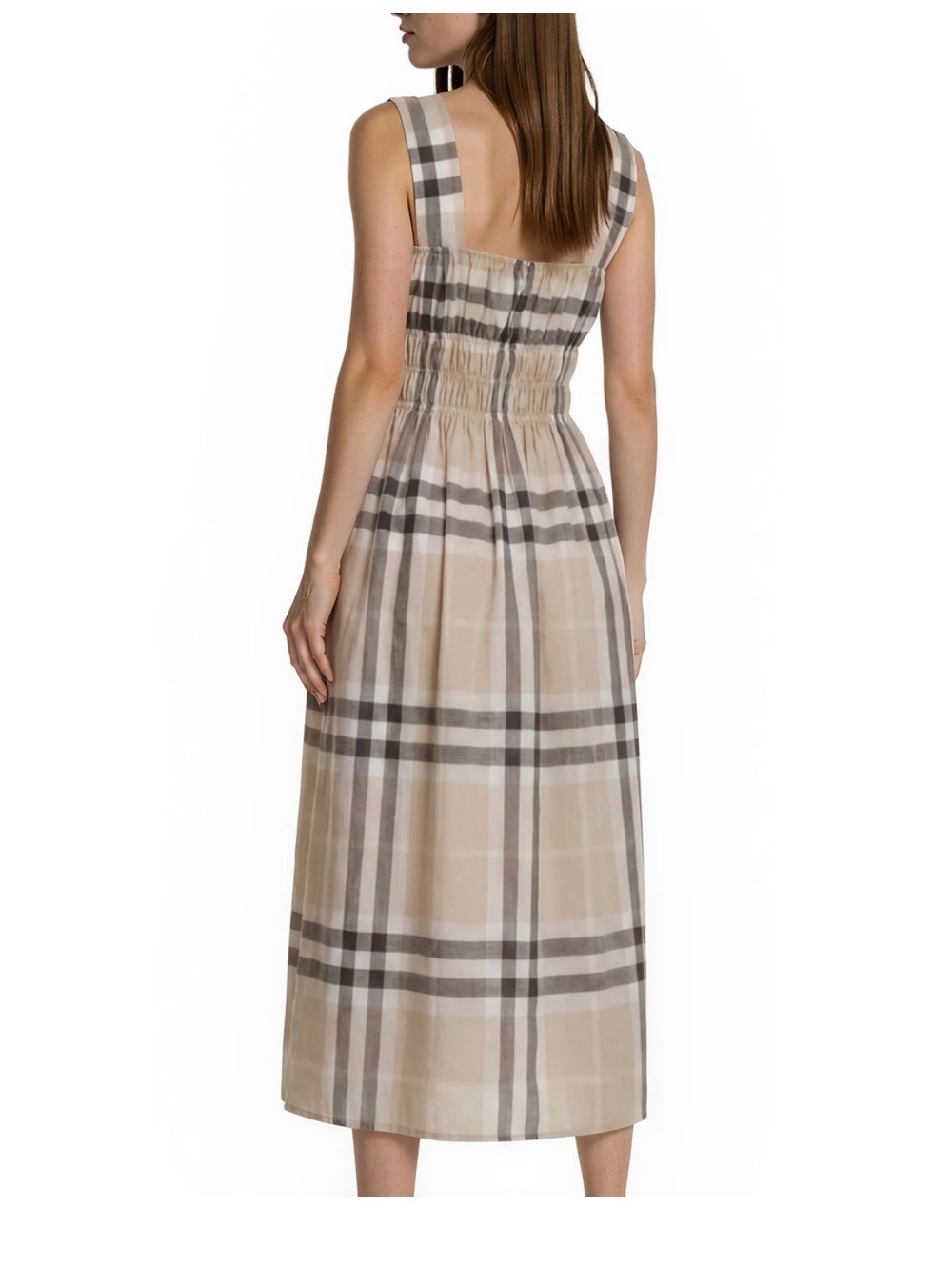 NEW BURBERRY CLASSIC BEIGE IVORY GRAY CHECK PLEATED COTTON SUMMER DRESS 44/10 - Picture 2 of 8